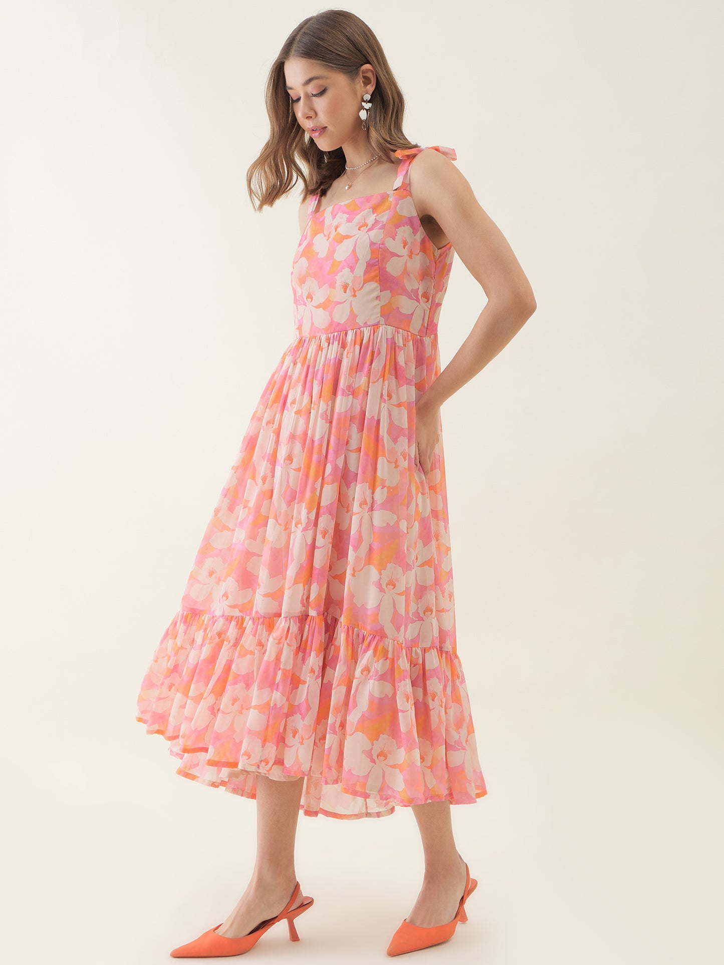 Pink Floral Printed Selveeless Flared Dress