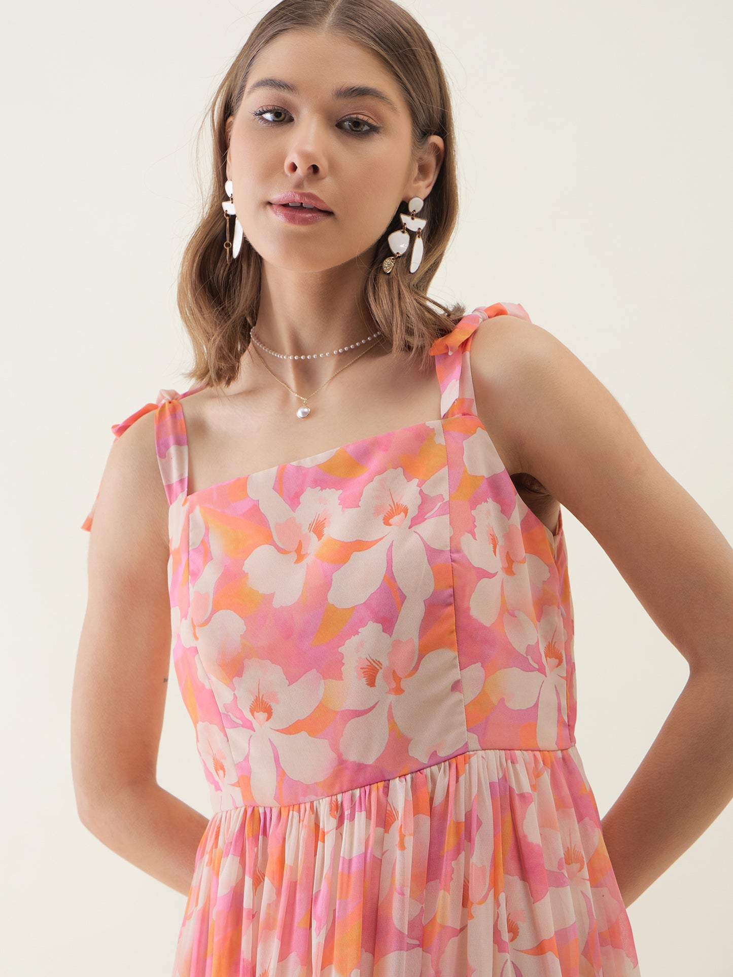 Pink Floral Printed Selveeless Flared Dress