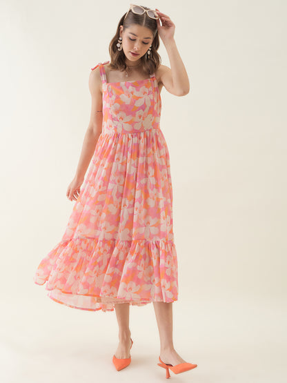 Pink Floral Printed Selveeless Flared Dress