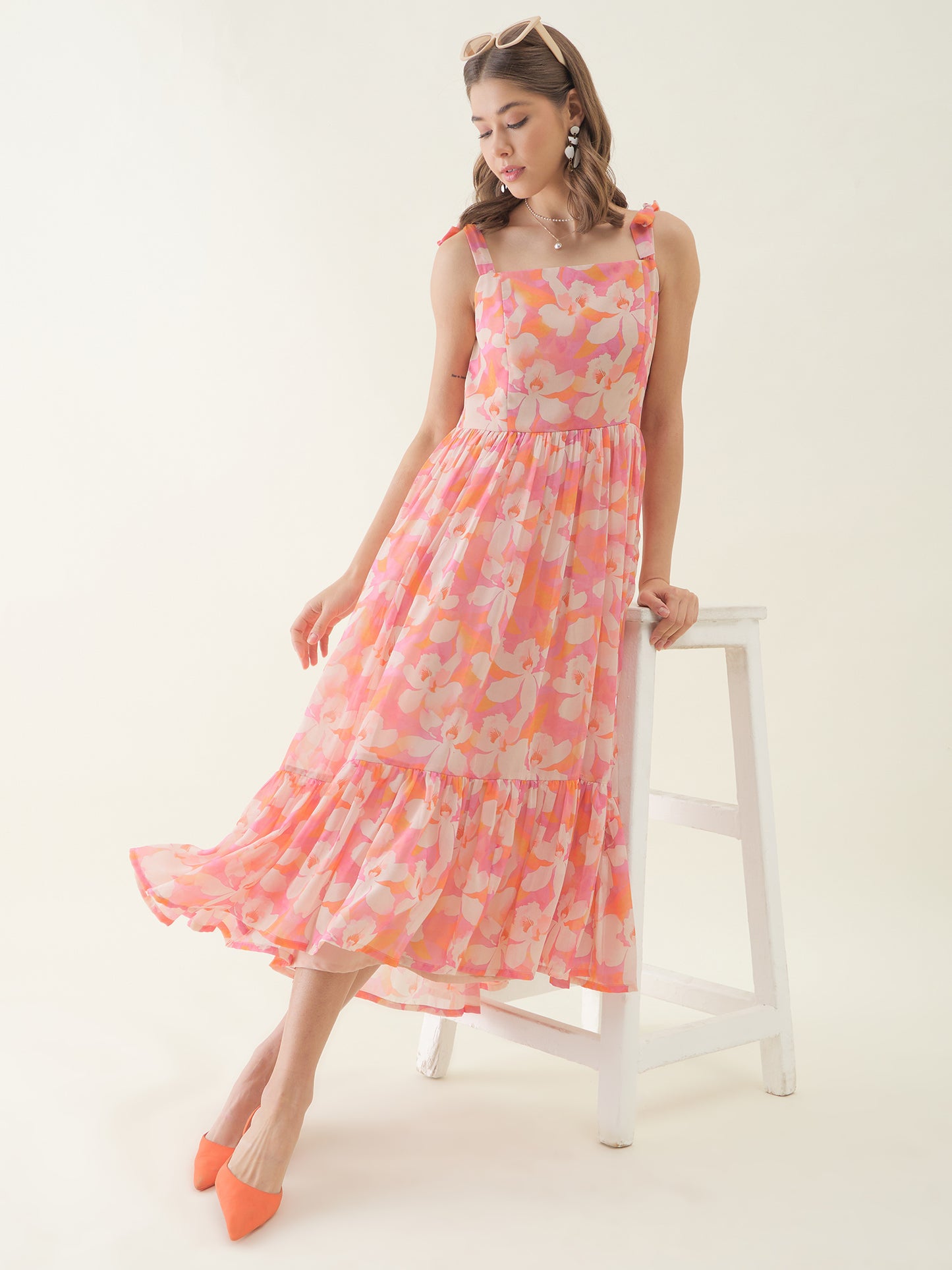 Pink Floral Printed Selveeless Flared Dress