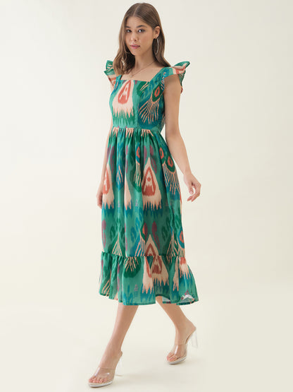 Green Abstract Printed Fit & Flare Dress