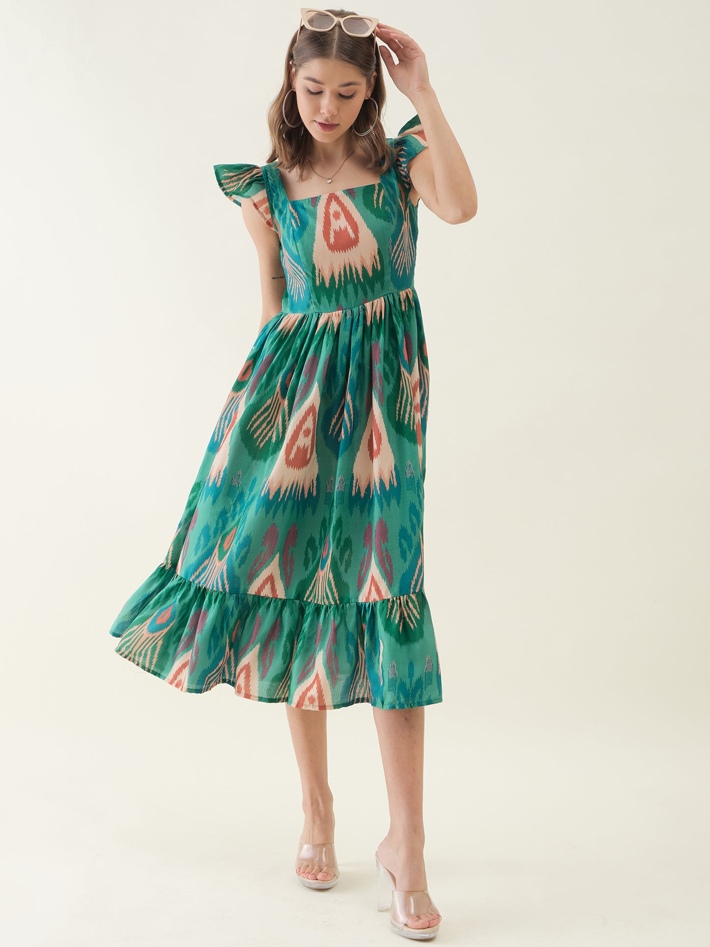 Green Abstract Printed Fit & Flare Dress