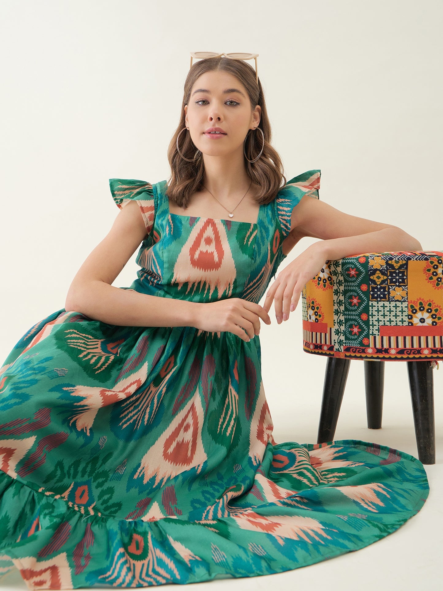 Green Abstract Printed Fit & Flare Dress