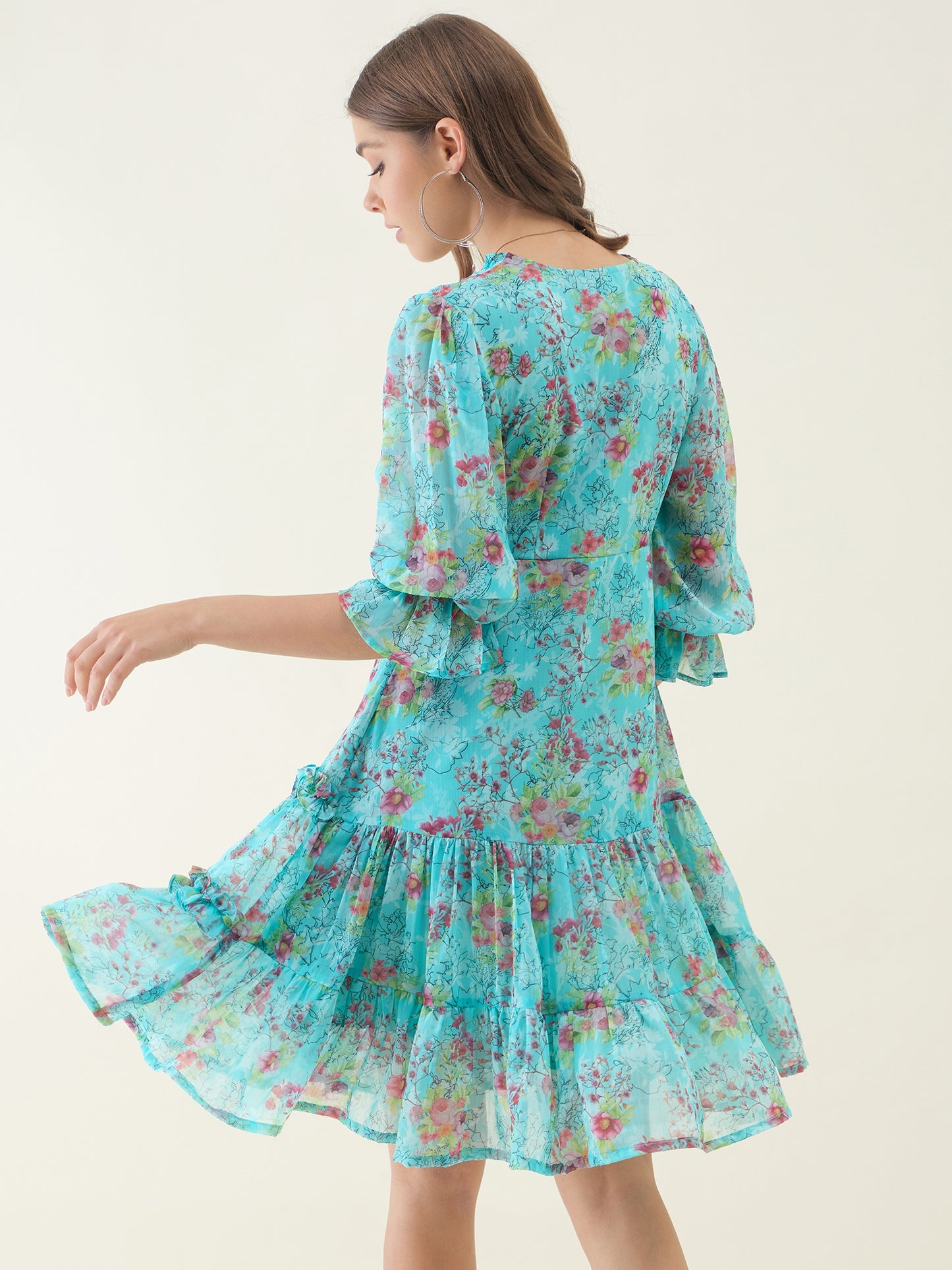 Turquoise blue floral print fit & flare dress