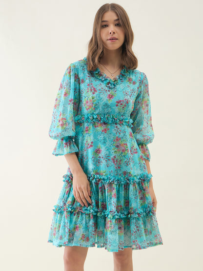 Turquoise blue floral print fit & flare dress