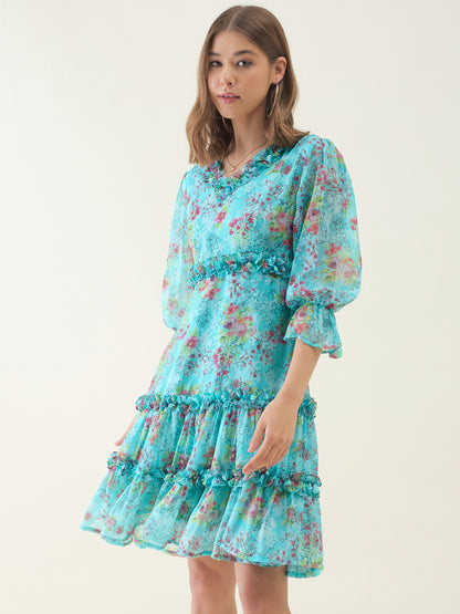 Turquoise blue floral print fit & flare dress