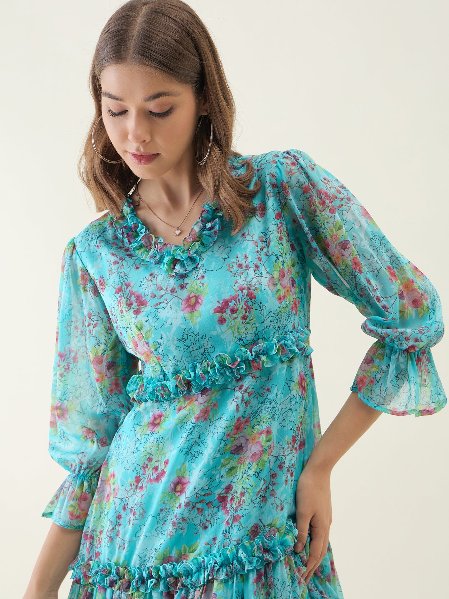 Turquoise blue floral print fit & flare dress