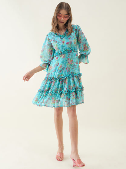 Turquoise blue floral print fit & flare dress