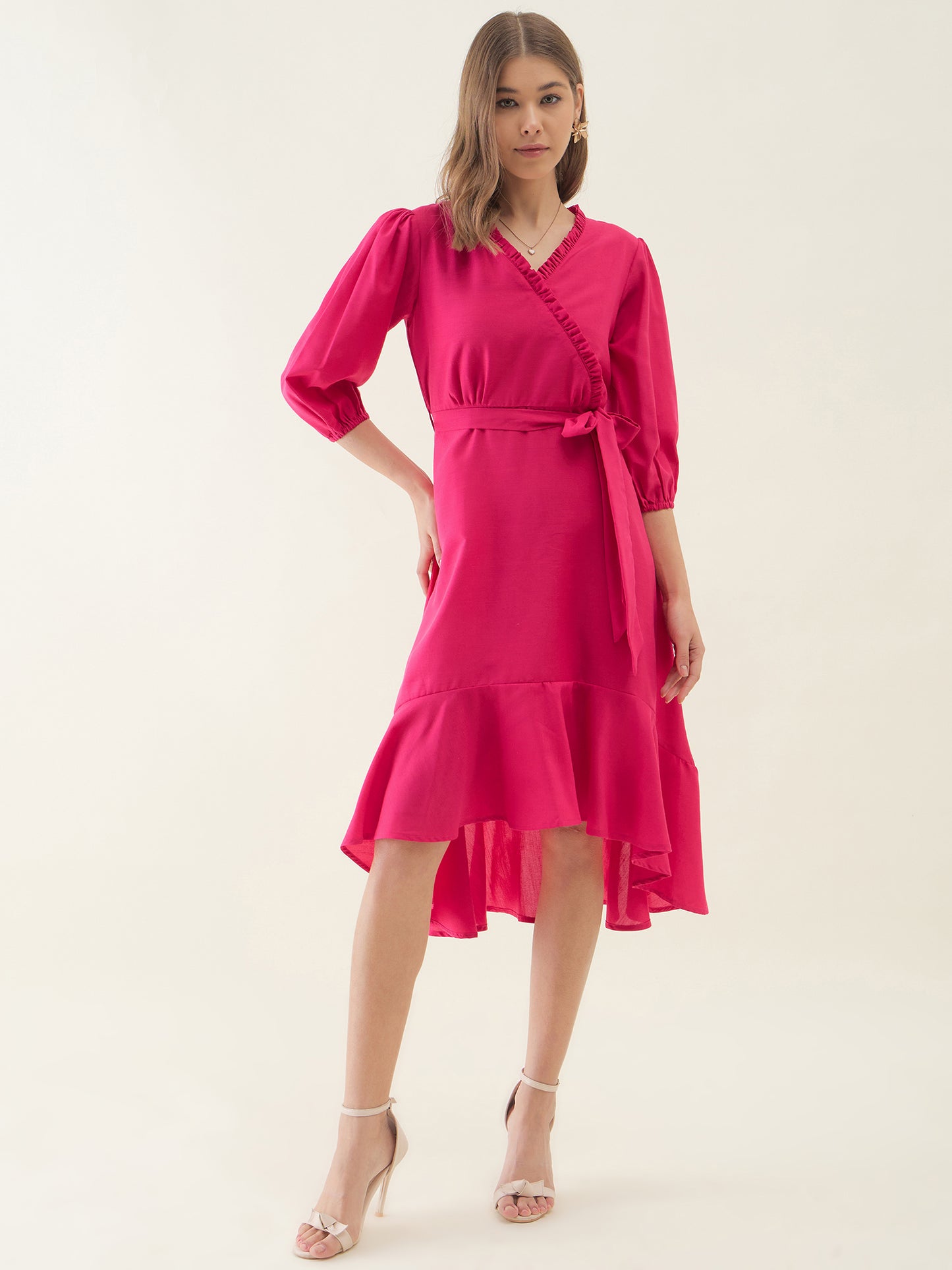 Pink High-Low & Tie-up Midi Dress