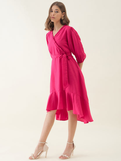 Pink High-Low & Tie-up Midi Dress