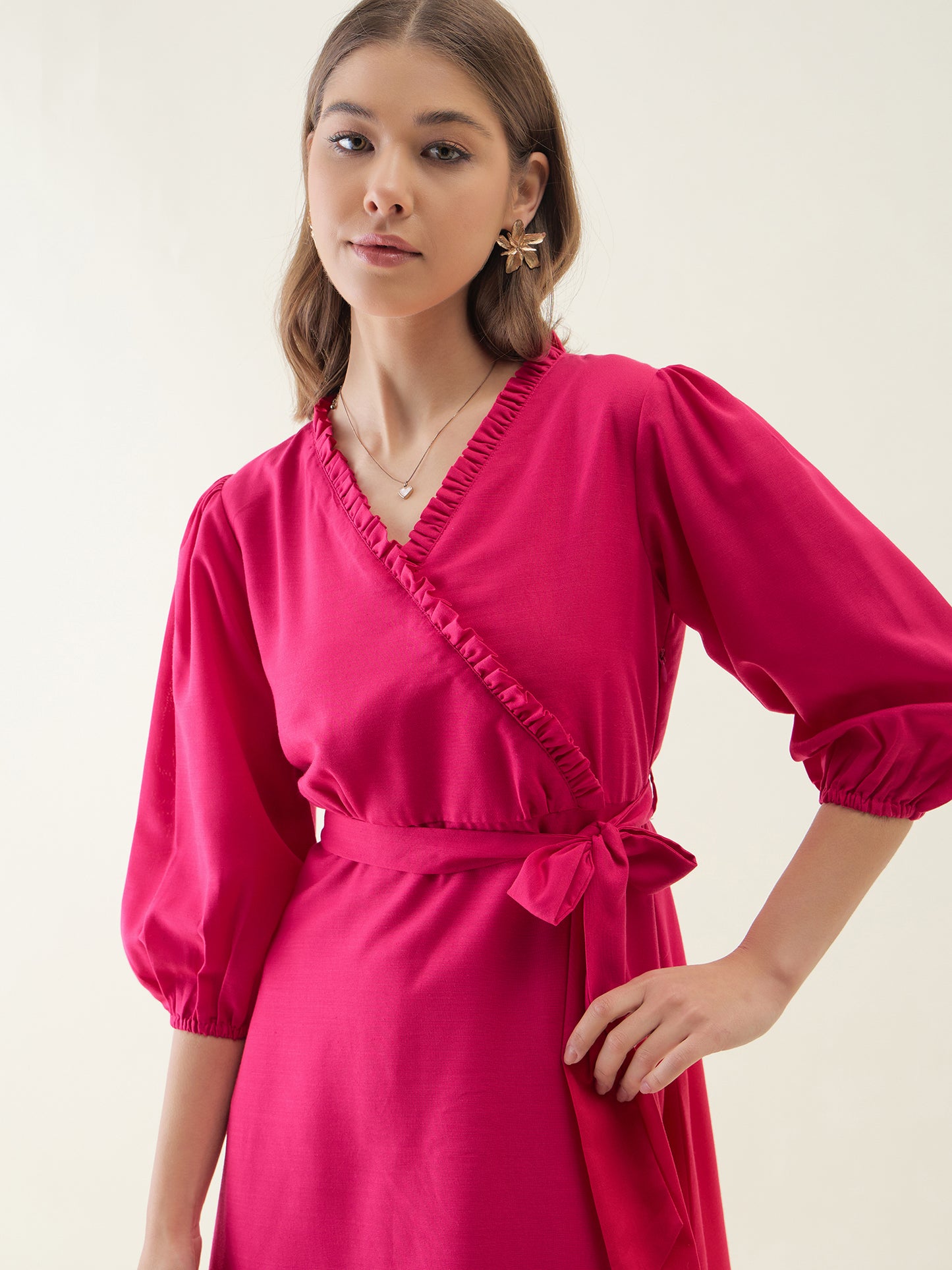 Pink High-Low & Tie-up Midi Dress