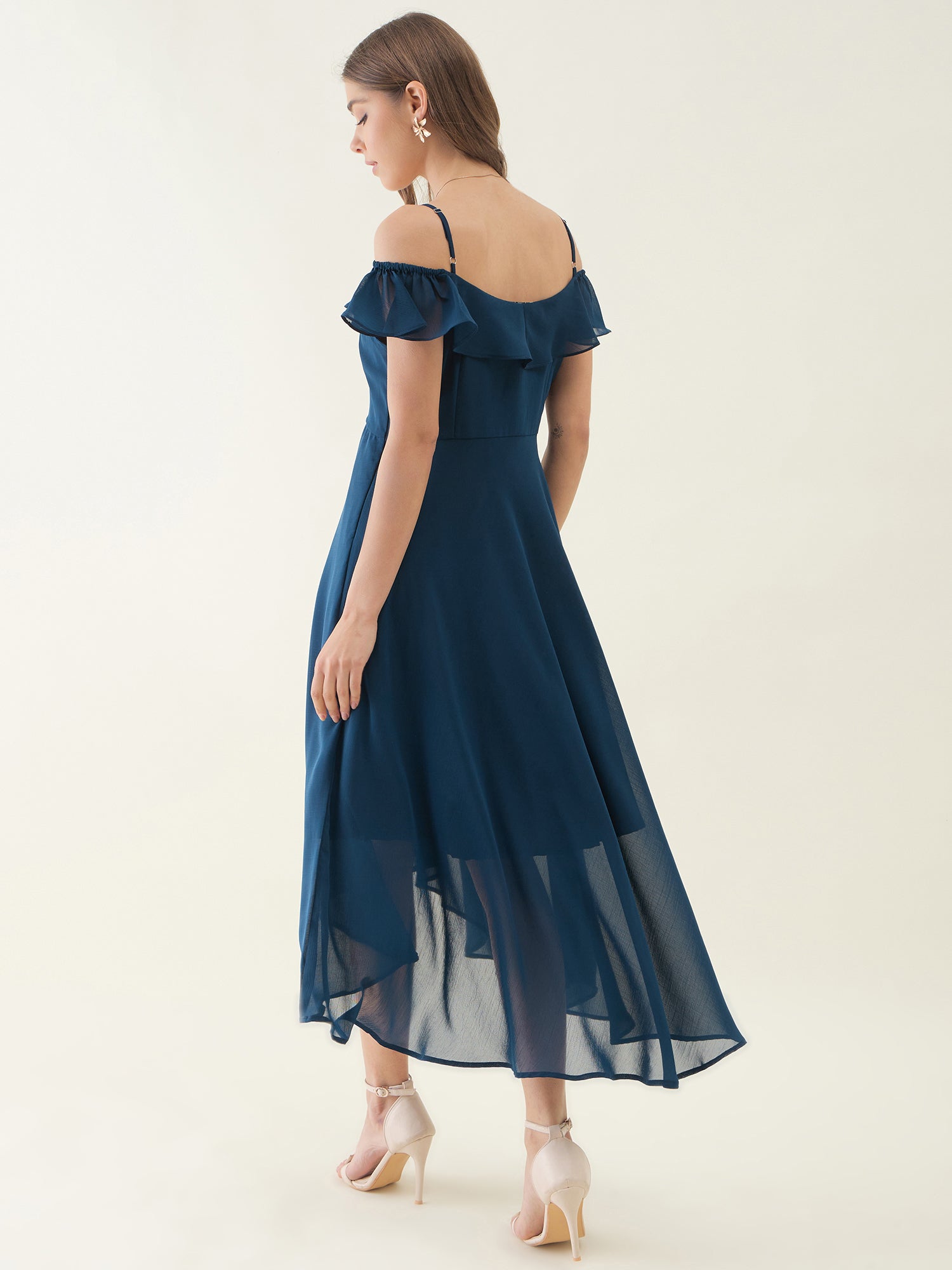 Blue Shoulder Straps Chiffon Fit & Flare Maxi Dress