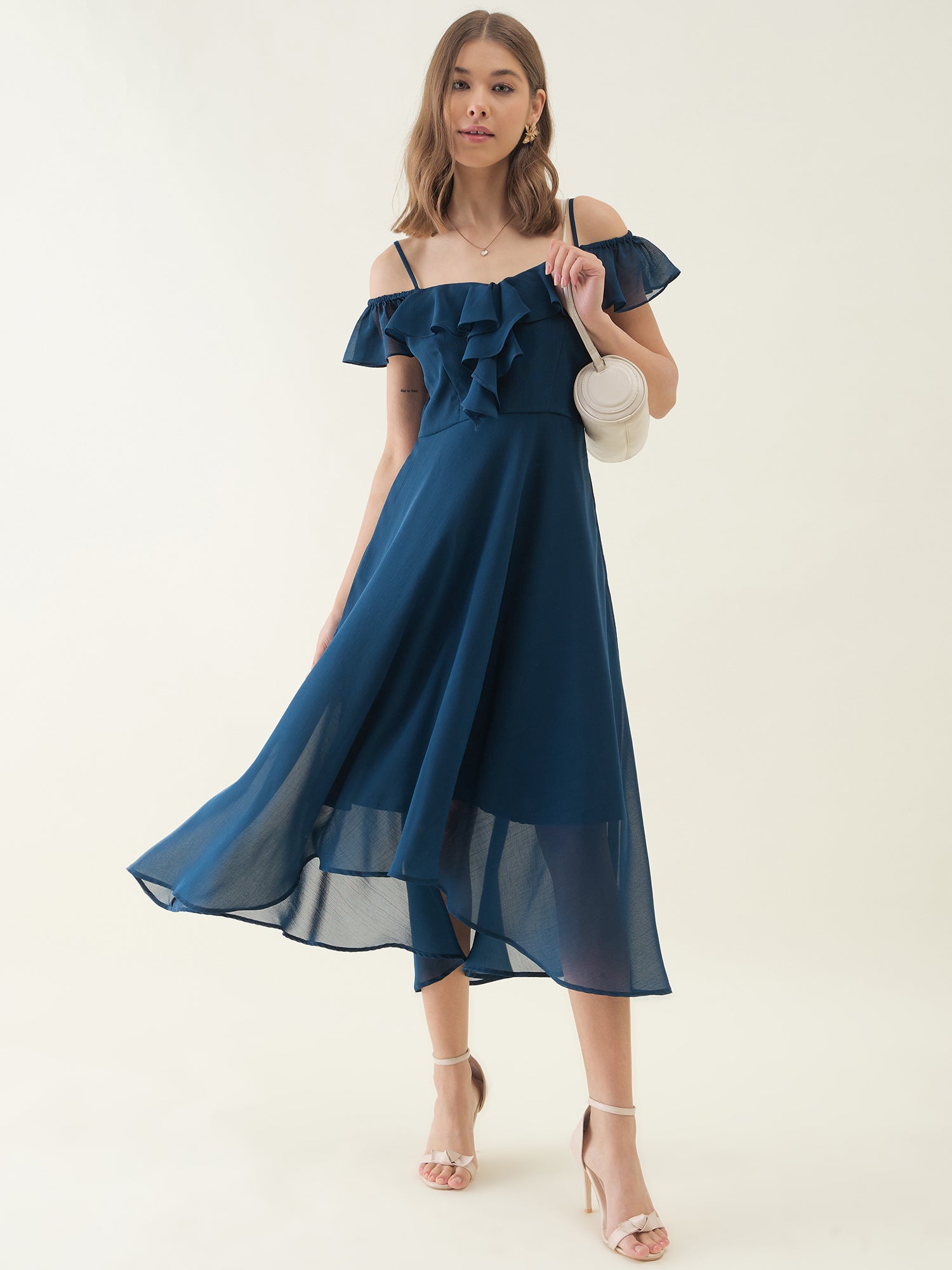 Blue Shoulder Straps Chiffon Fit & Flare Maxi Dress