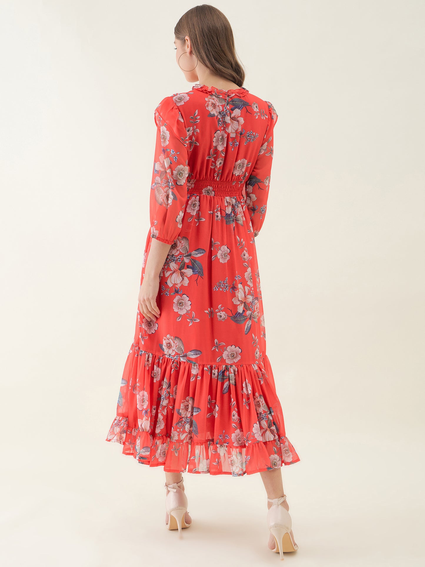 Red Floral Printed Flared Maxi Dress