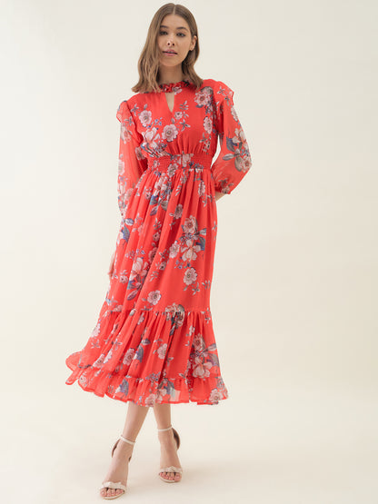 Red Floral Printed Flared Maxi Dress