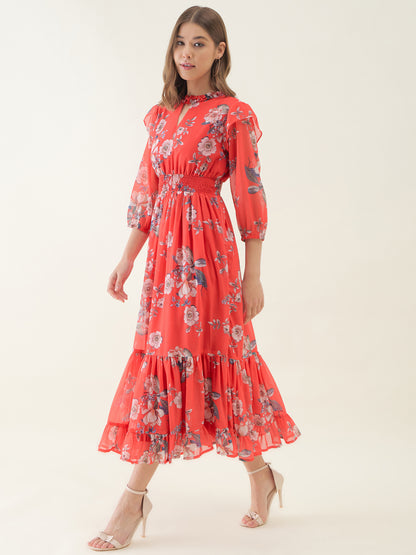 Red Floral Printed Flared Maxi Dress