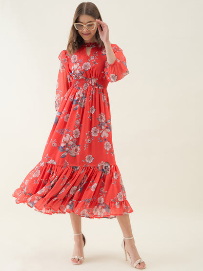 Red Floral Printed Flared Maxi Dress