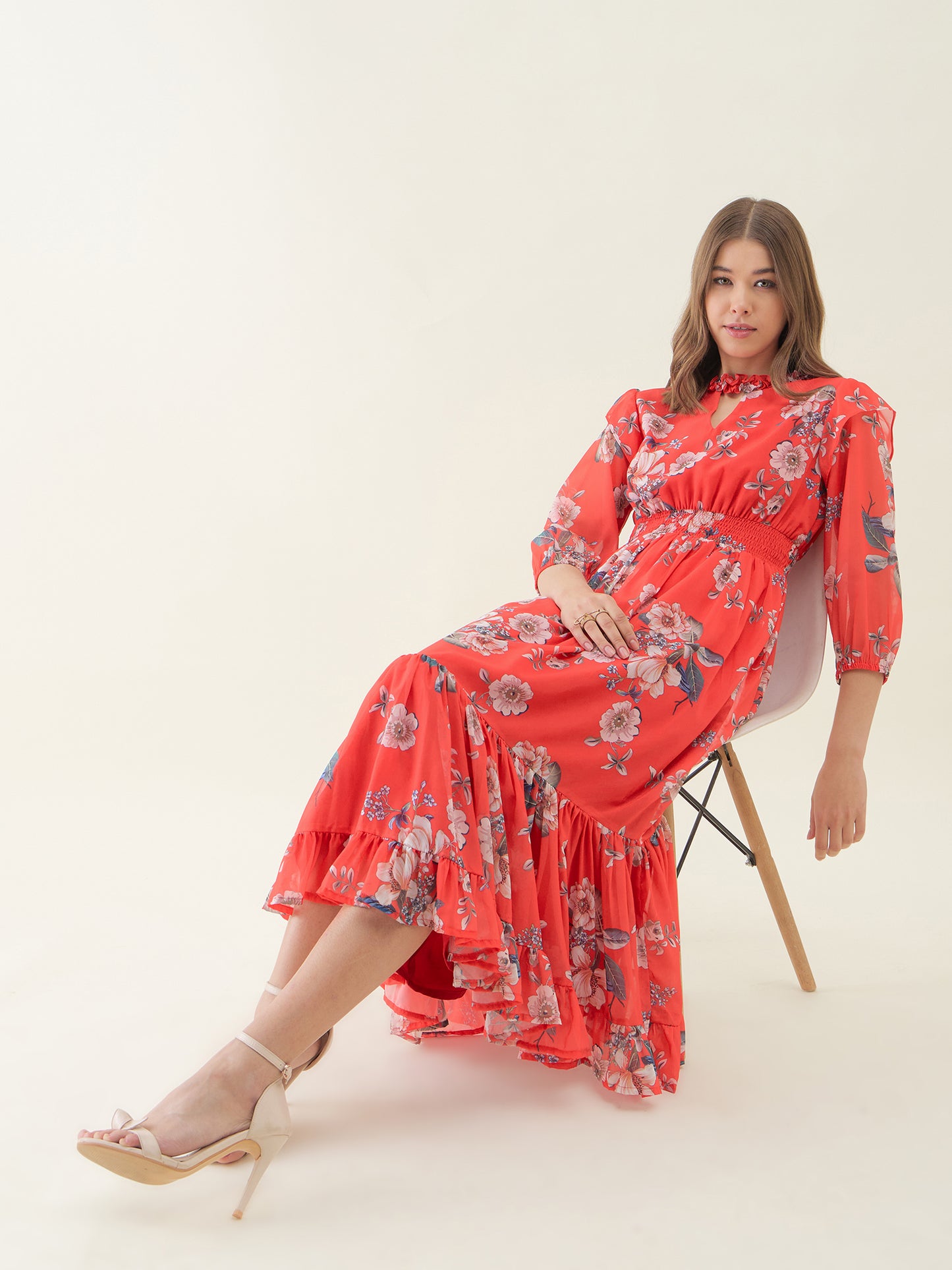 Red Floral Printed Flared Maxi Dress