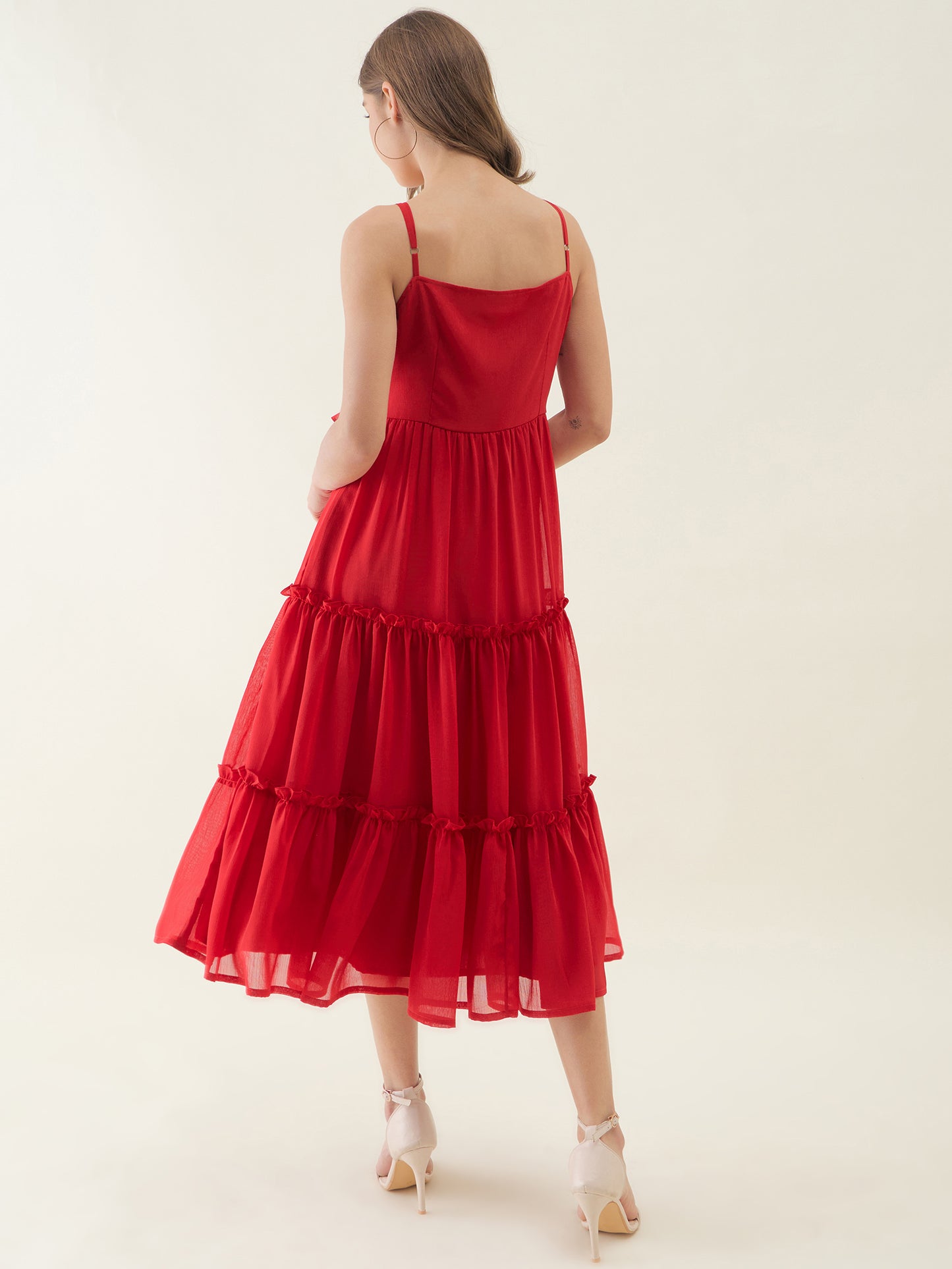 Red Chiffon Ruffles Fit & Flare Midi Dress