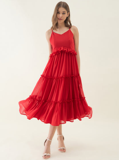 Red Chiffon Ruffles Fit & Flare Midi Dress