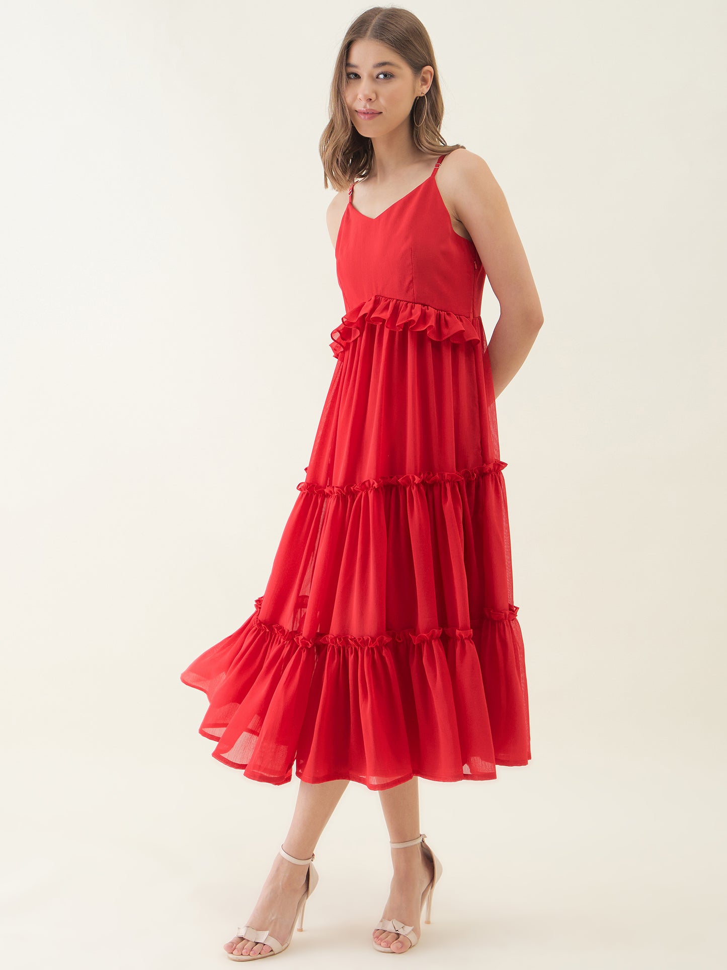 Red Chiffon Ruffles Fit & Flare Midi Dress