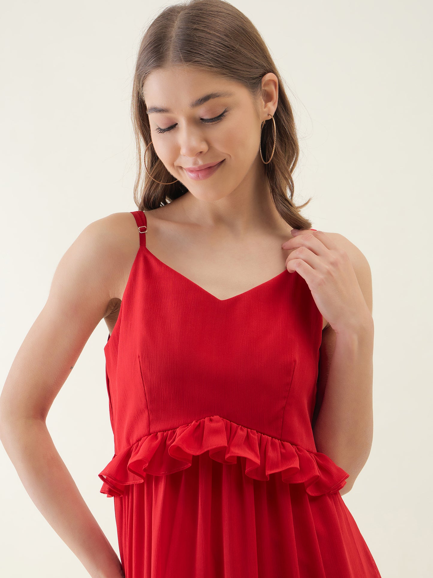 Red Chiffon Ruffles Fit & Flare Midi Dress