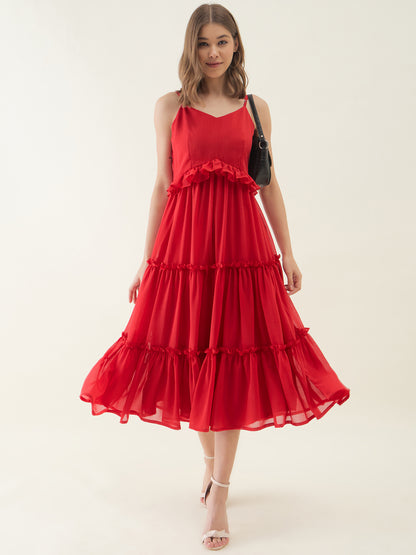 Red Chiffon Ruffles Fit & Flare Midi Dress