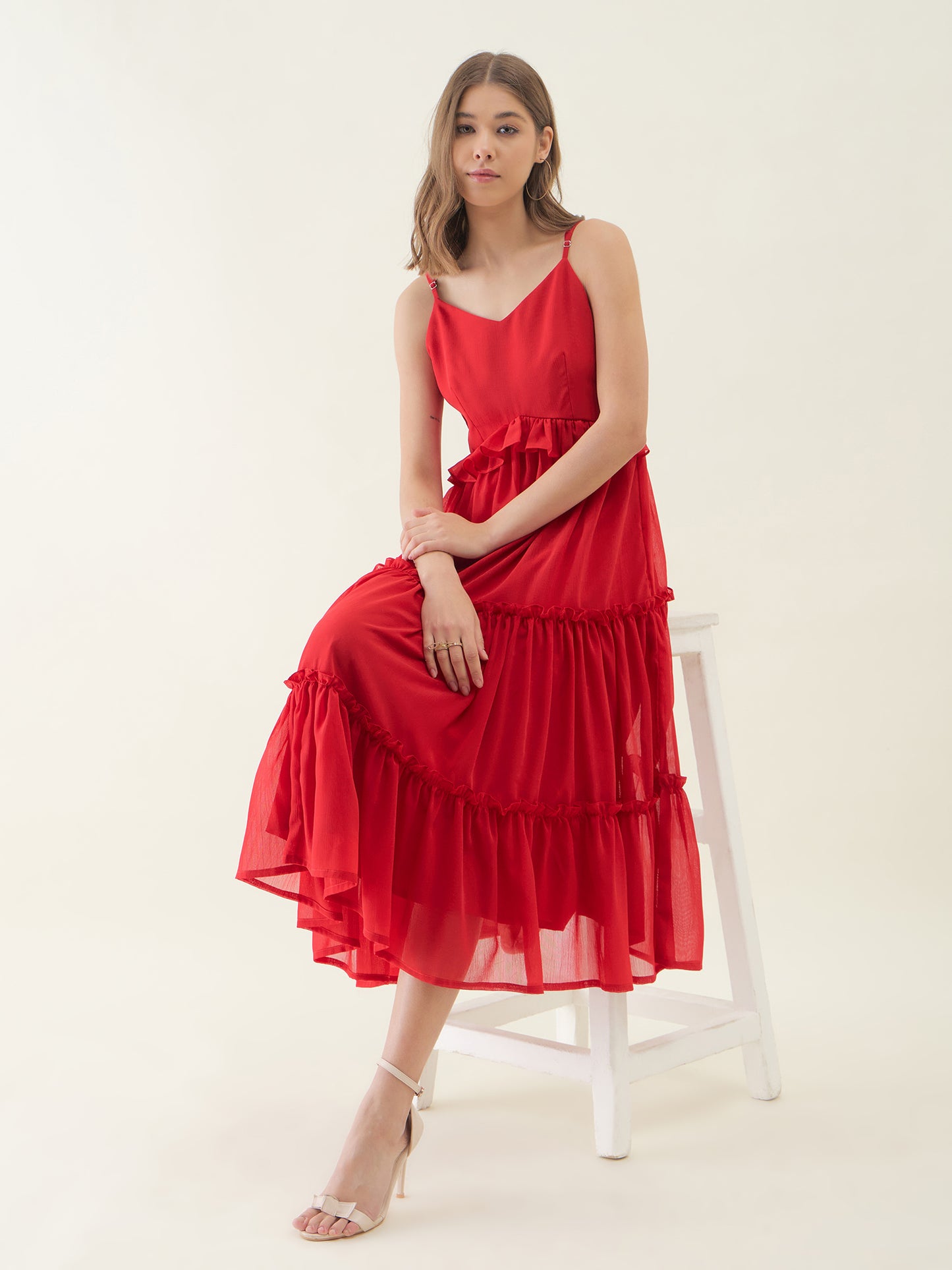 Red Chiffon Ruffles Fit & Flare Midi Dress