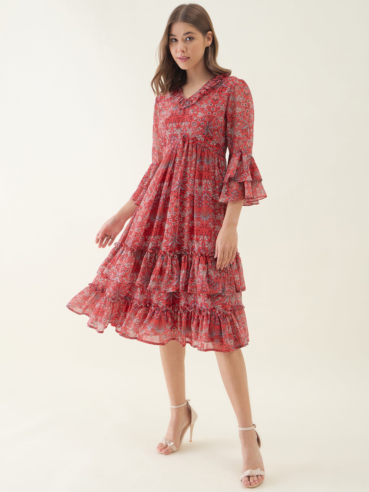 Red Floral Printed Frilled Maxi Dress
