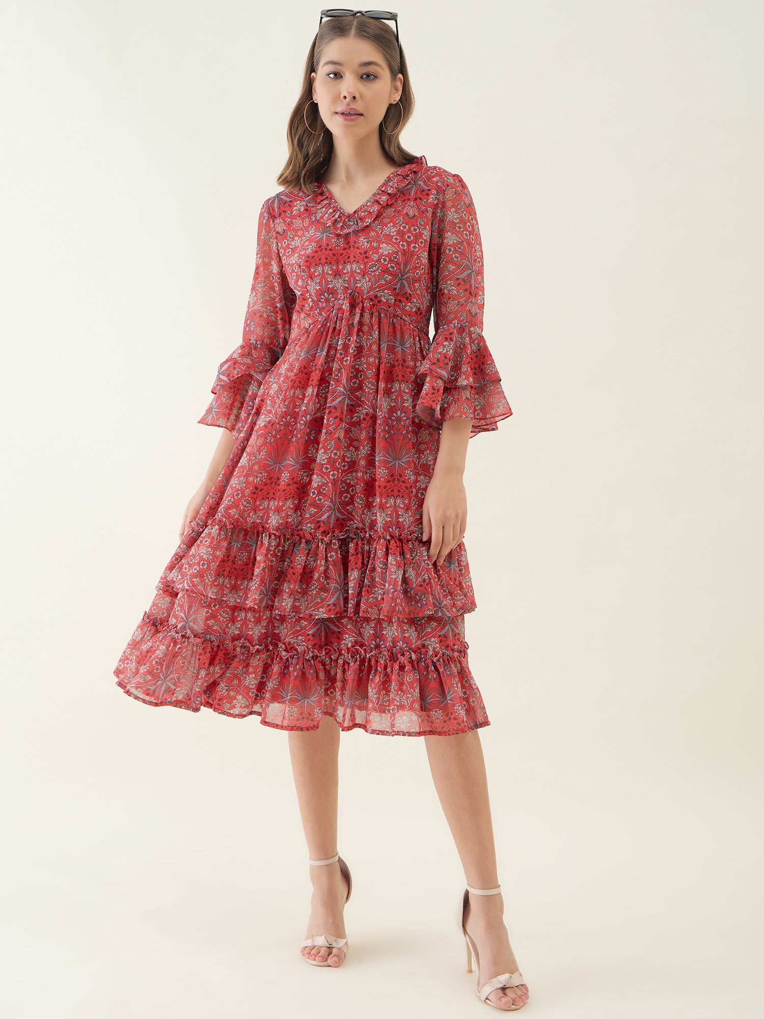 Red Floral Printed Frilled Maxi Dress