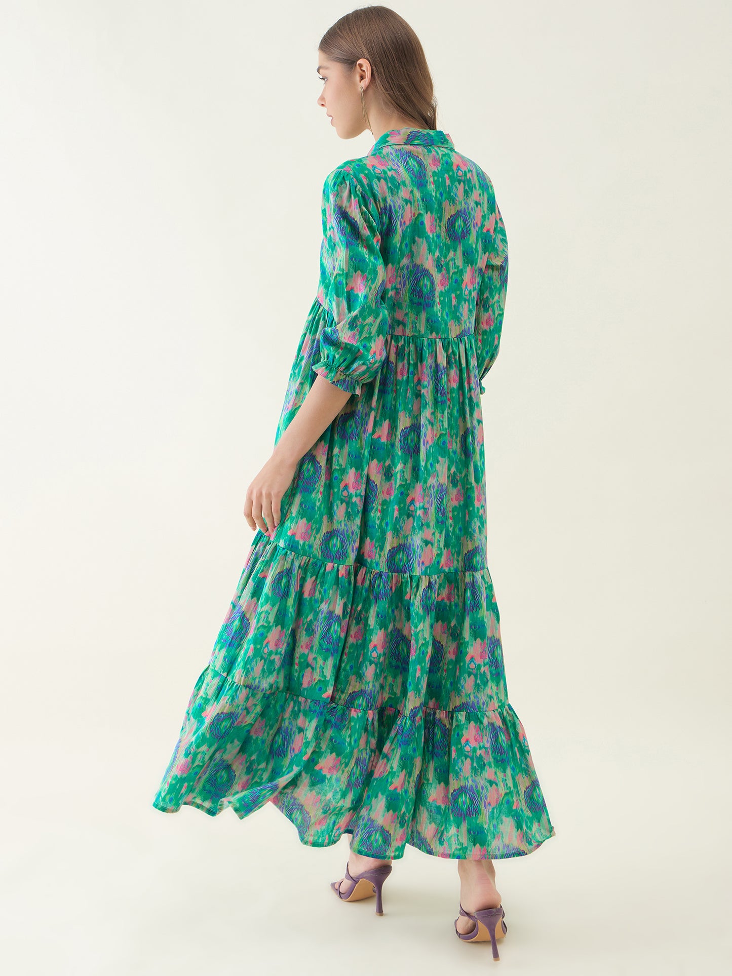 Peacock Blue Ikkat Printed Flared Dress