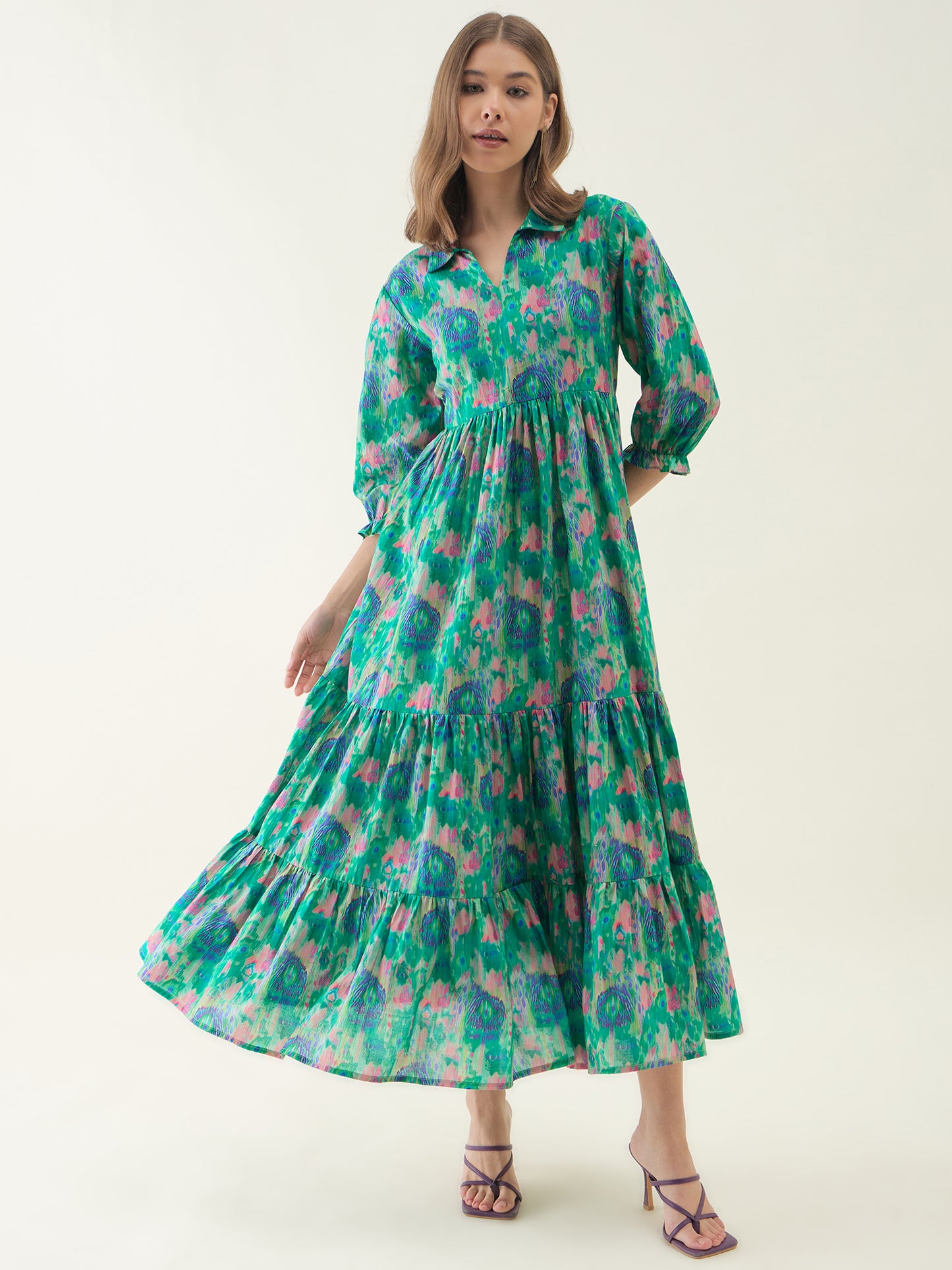 Peacock Blue Ikkat Printed Flared Dress