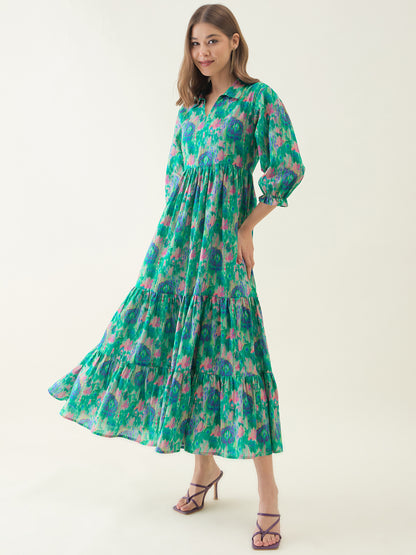 Peacock Blue Ikkat Printed Flared Dress