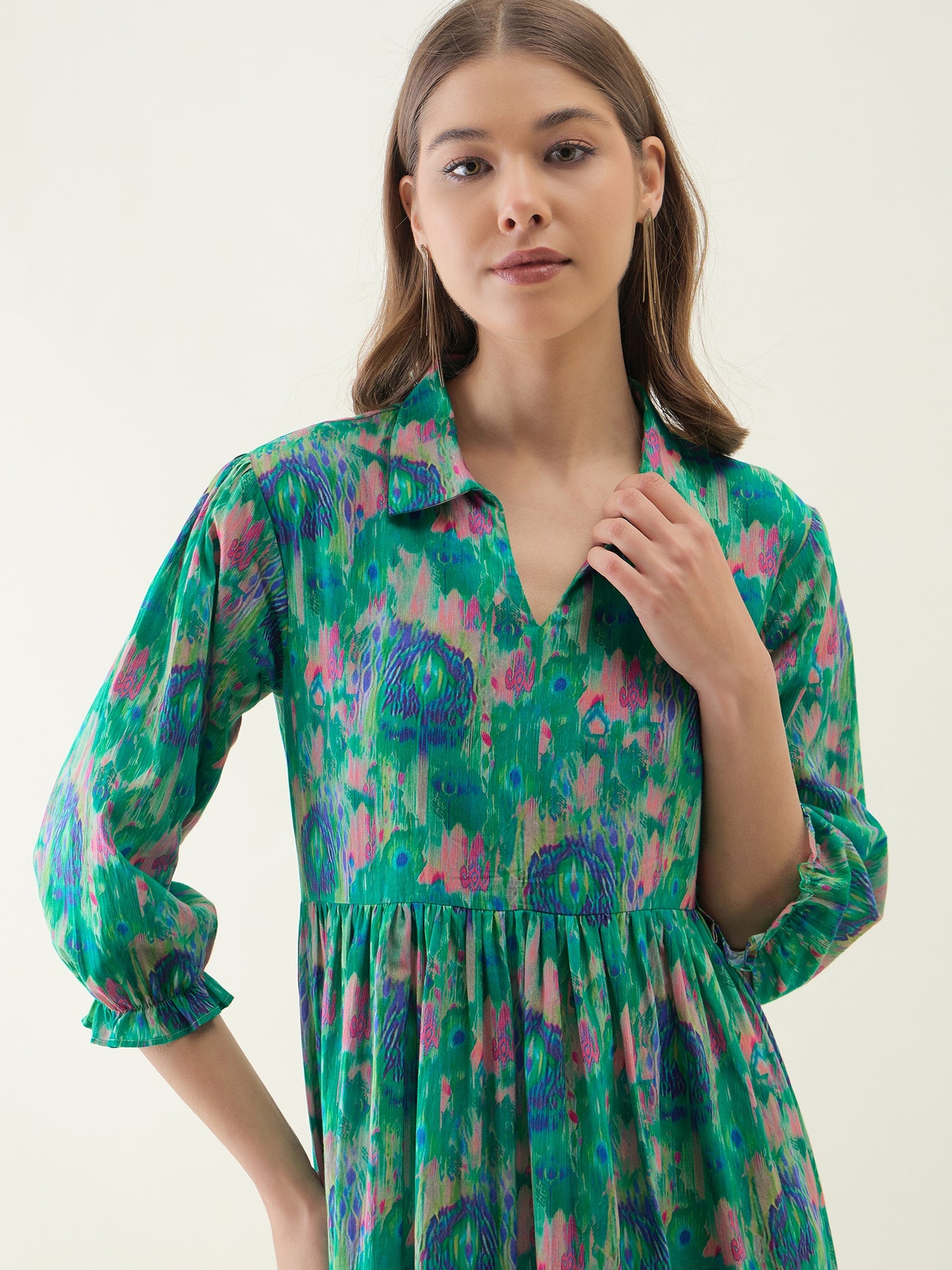 Peacock Blue Ikkat Printed Flared Dress