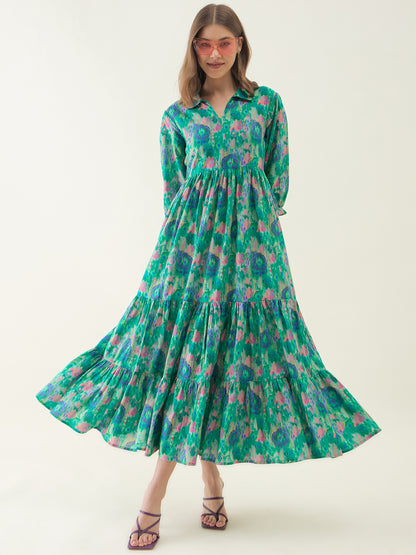 Peacock Blue Ikkat Printed Flared Dress