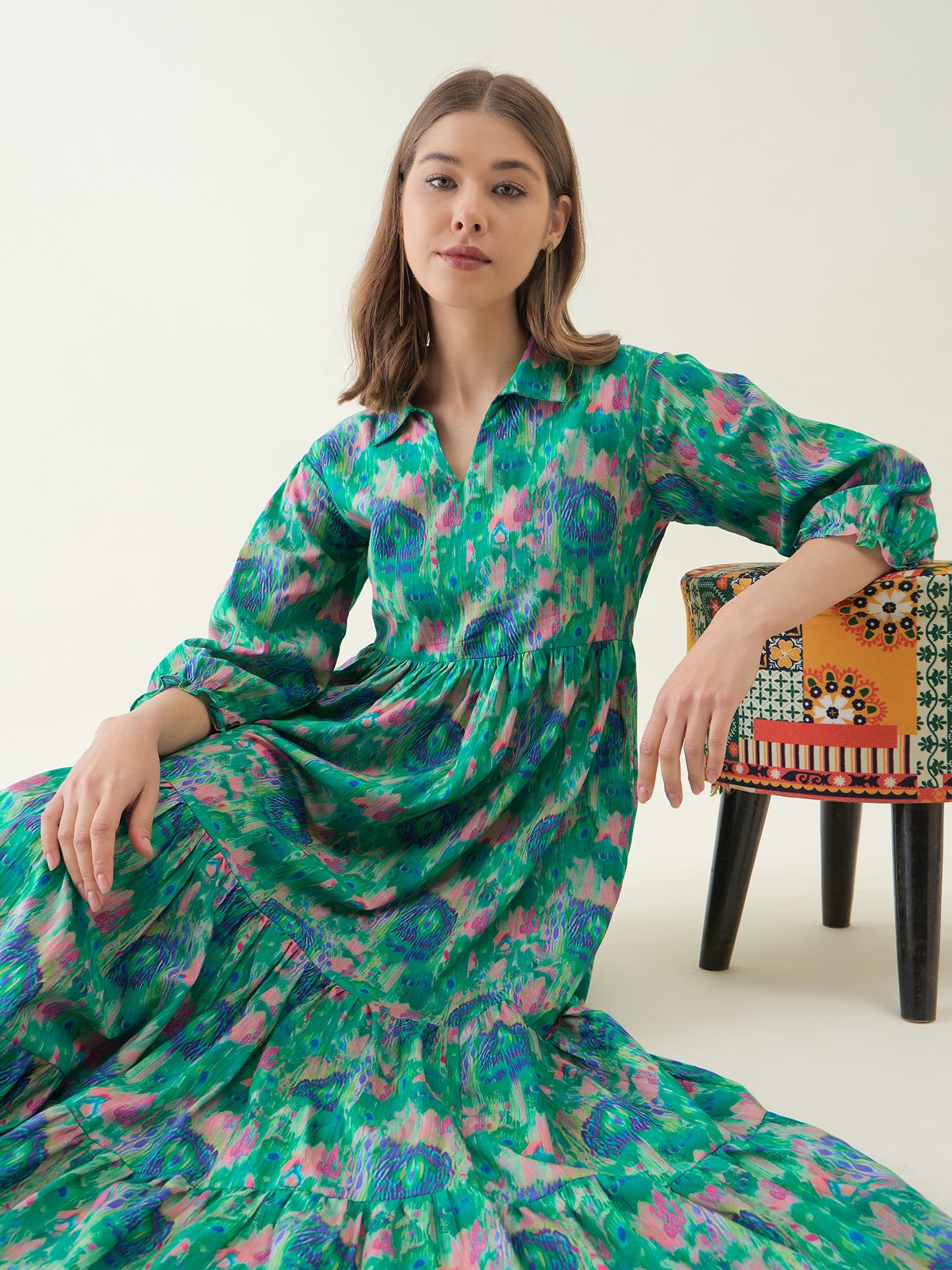 Peacock Blue Ikkat Printed Flared Dress