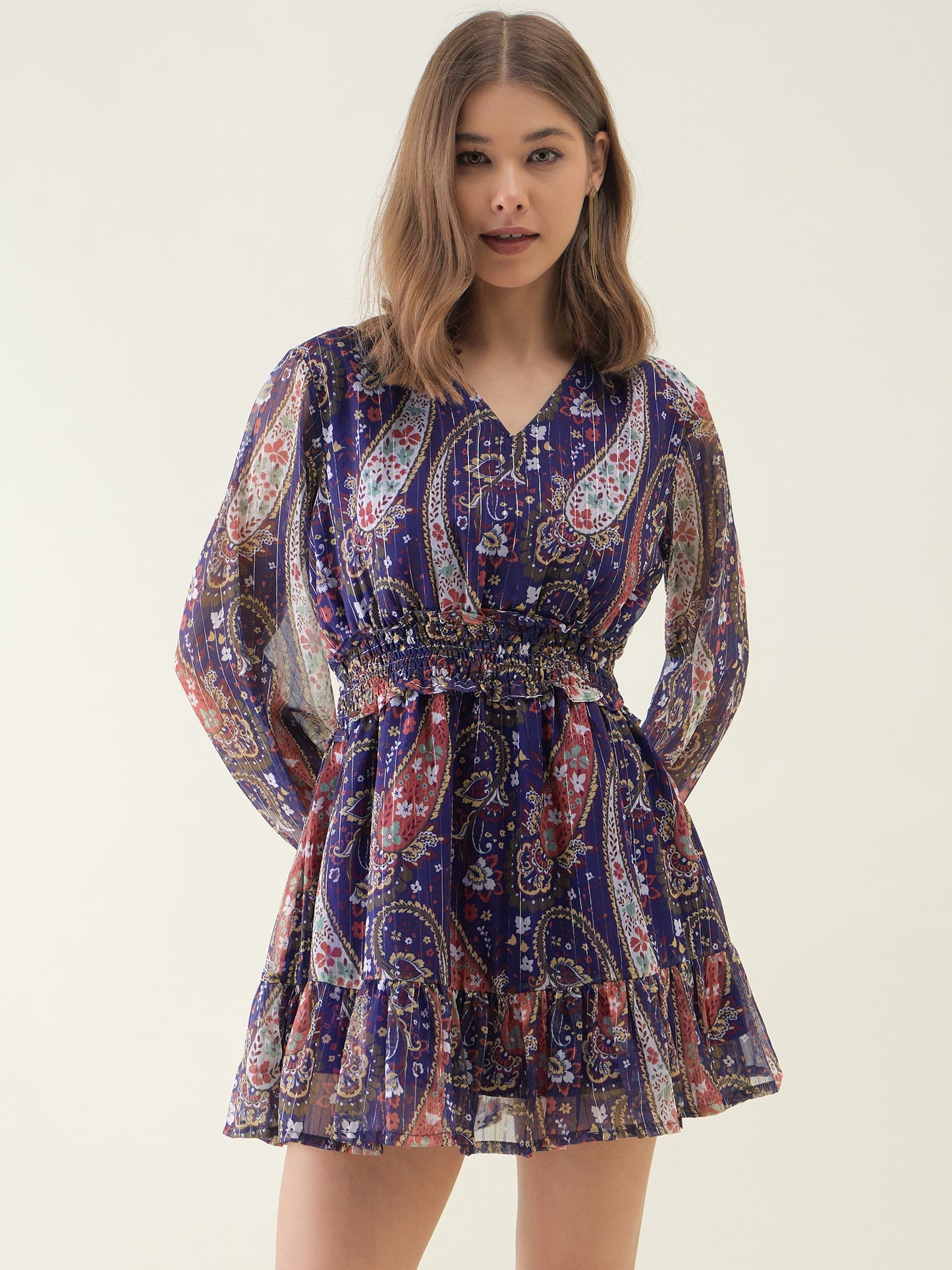 Blue Abstract Printed Flared Mini Dress