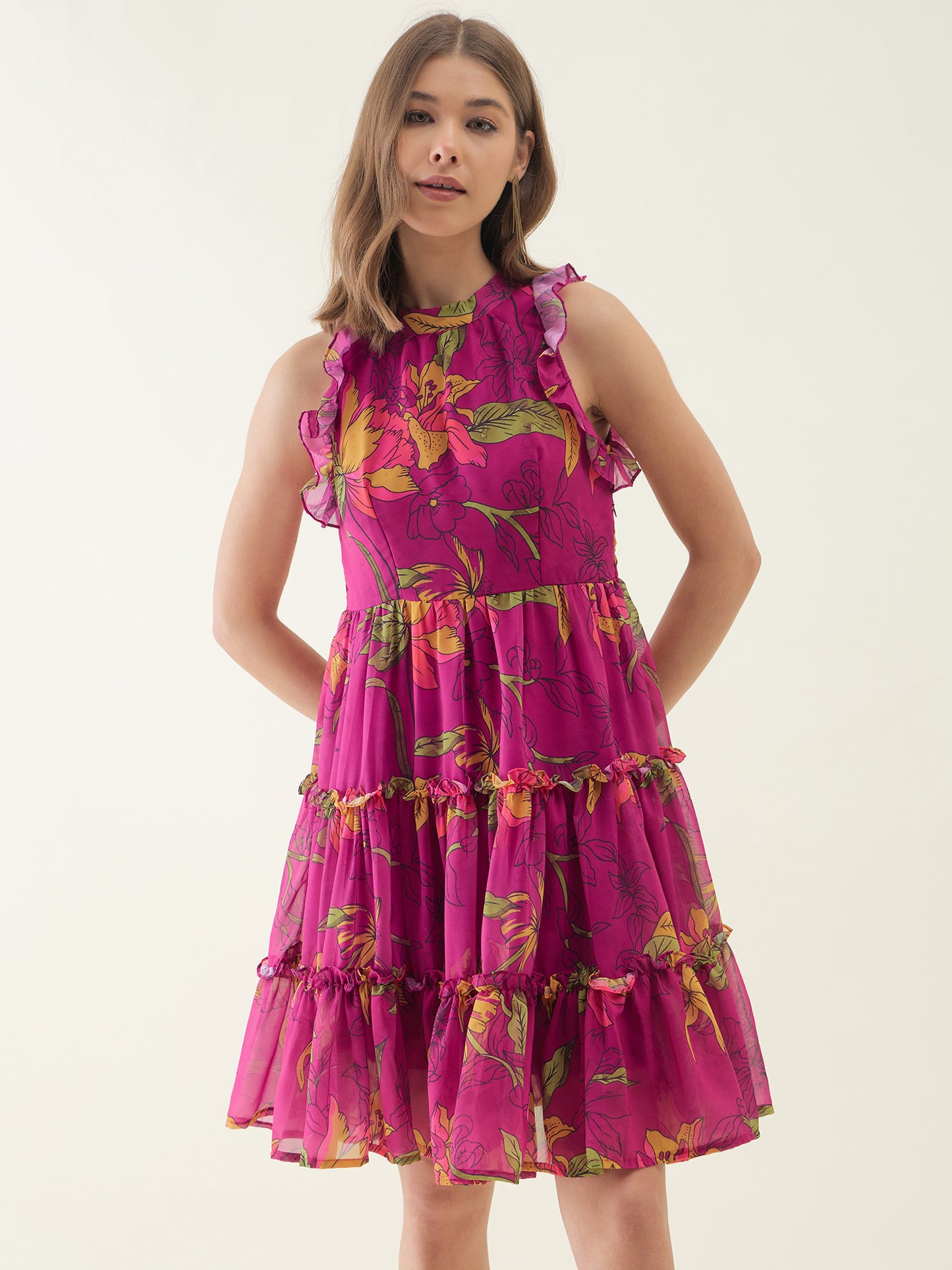 Pink Lotus Printed Flared Dress