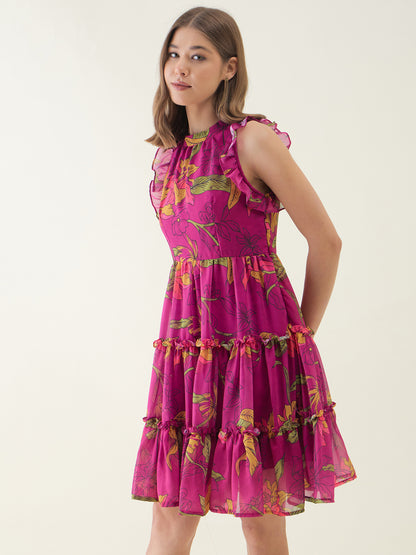 Pink Lotus Printed Flared Dress