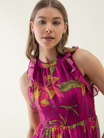 Pink Lotus Printed Flared Dress