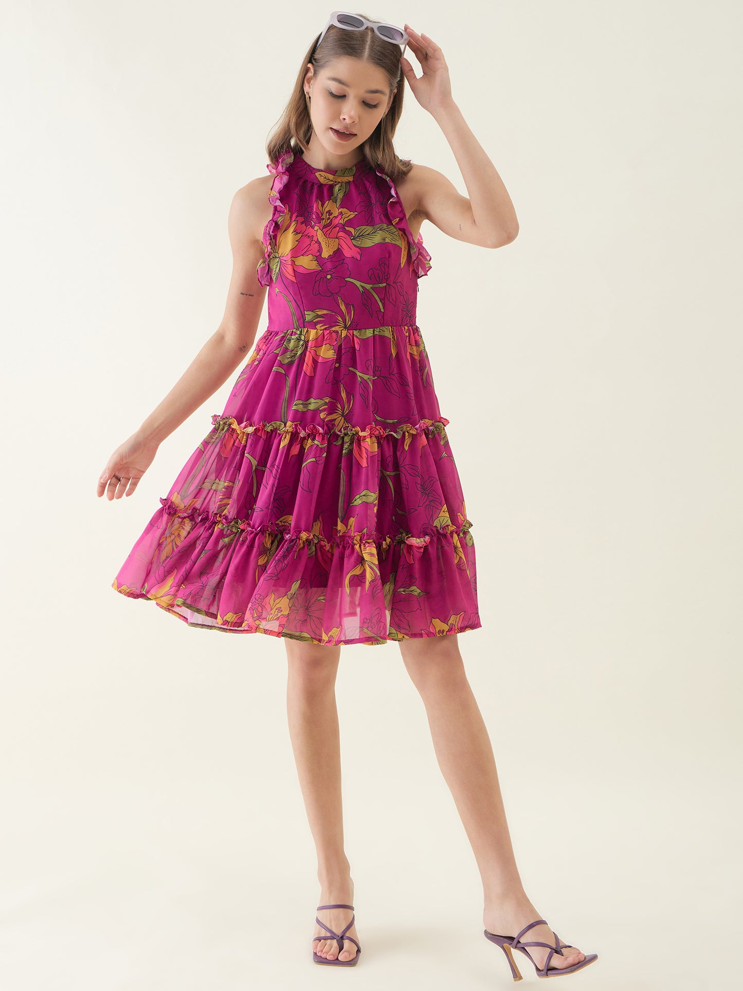 Pink Lotus Printed Flared Dress