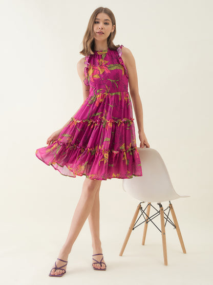 Pink Lotus Printed Flared Dress