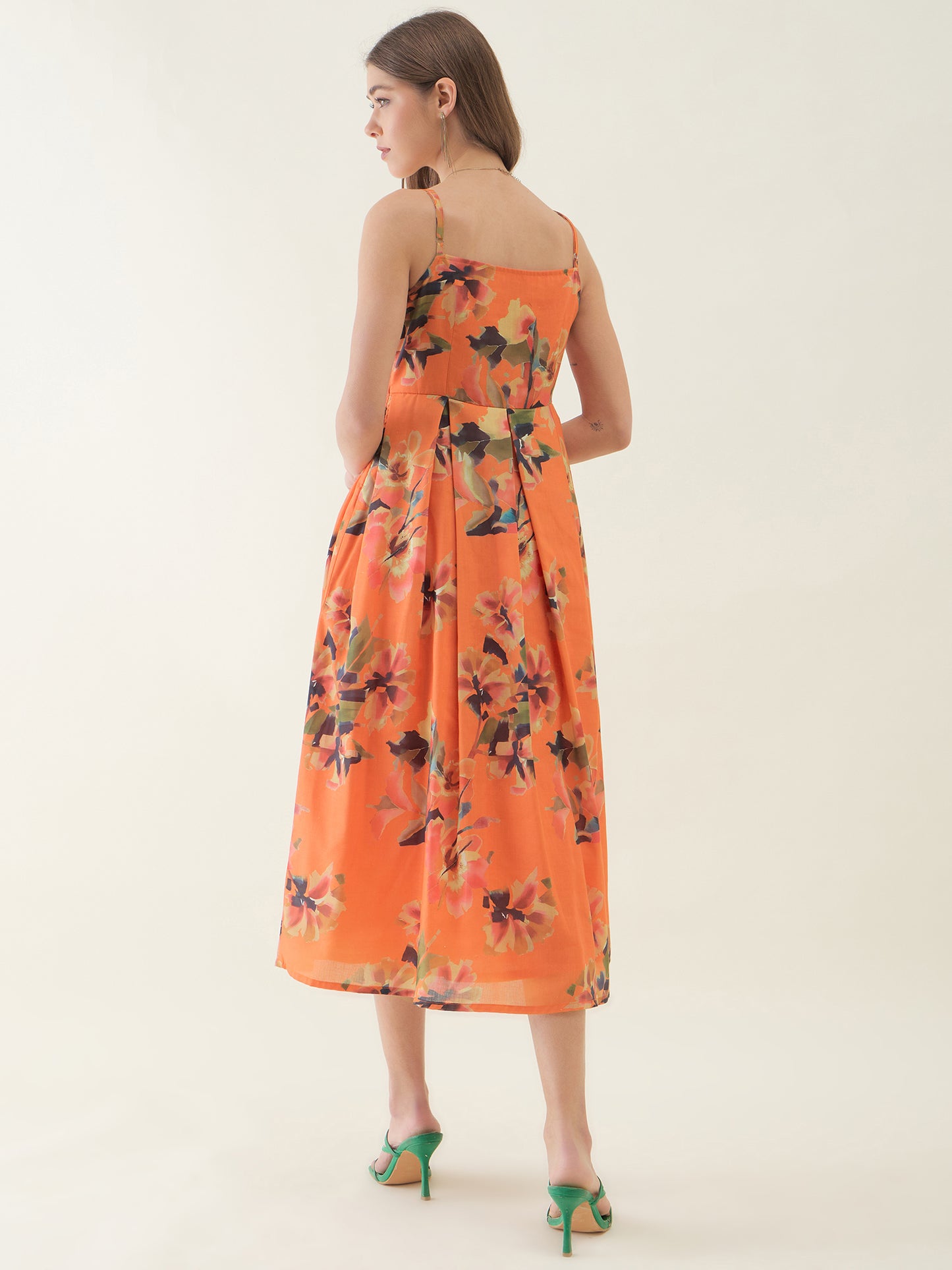 Orange Floral Print Fit & Flare Dress