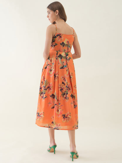 Orange Floral Print Fit & Flare Dress