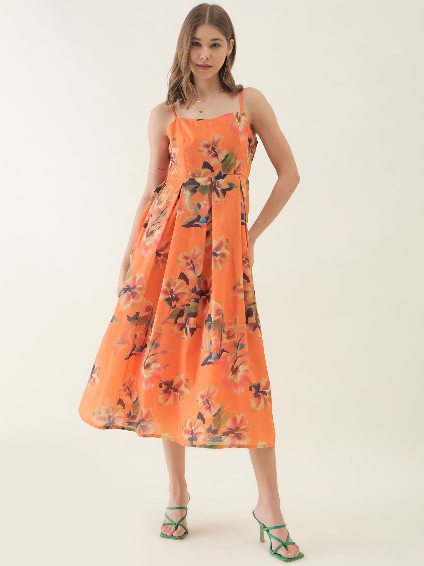 Orange Floral Print Fit & Flare Dress