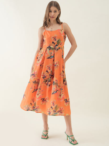 Orange Floral Print Fit & Flare Dress