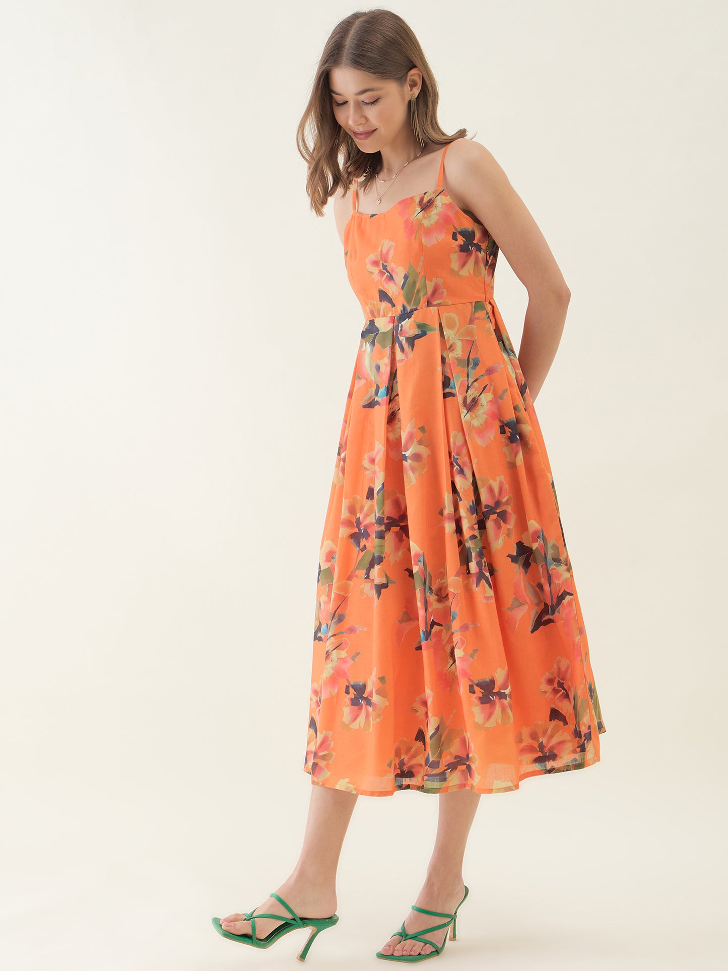 Orange Floral Print Fit & Flare Dress