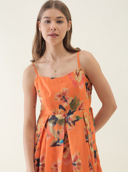 Orange Floral Print Fit & Flare Dress