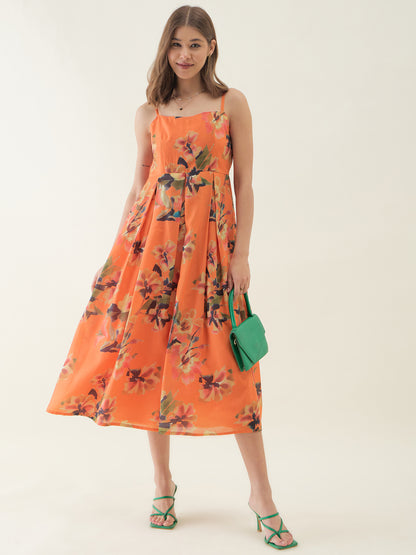 Orange Floral Print Fit & Flare Dress