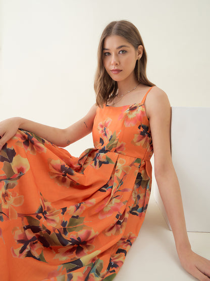 Orange Floral Print Fit & Flare Dress